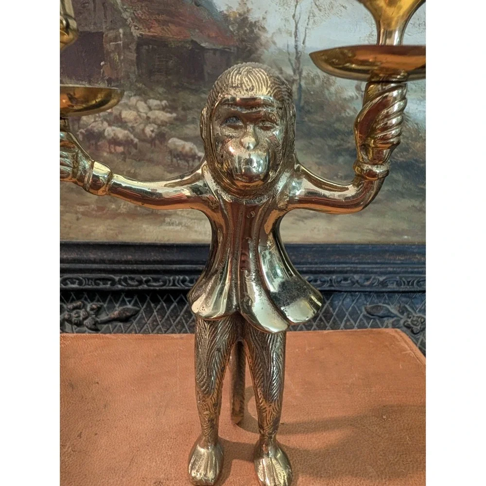 Vintage Brass Monkey Candelabra Double Arm Taper Candle Holder India 8x6
